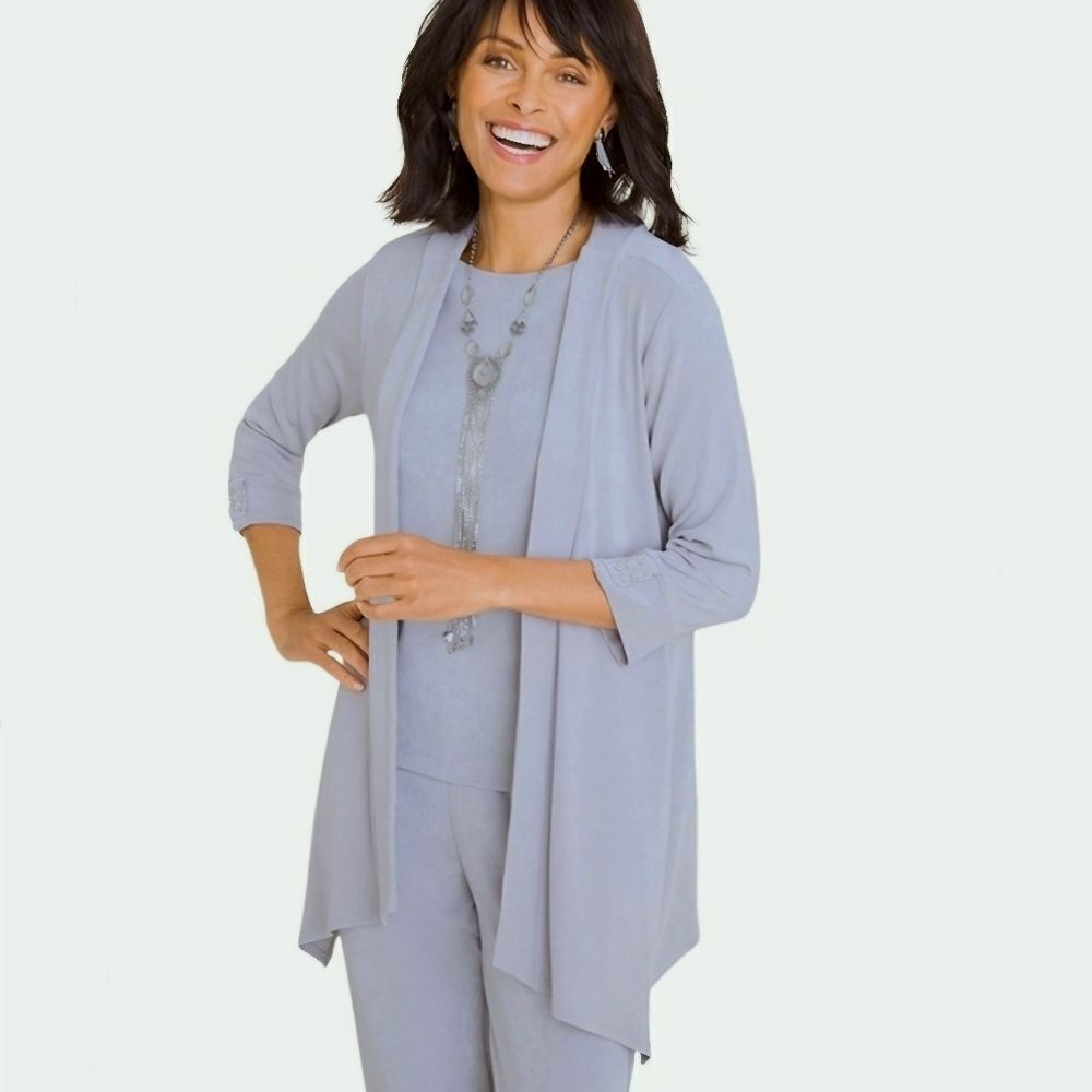 Chico's Travelers Open Front Wrinkle Free Asymmetrical Cardigan Glacier Blue L